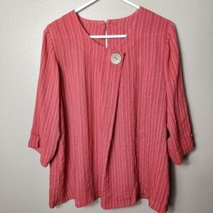 Fridaze Womens Rust Red Stripe 100% Linen 3/4 Sleeve Lagenlook Top-Size L